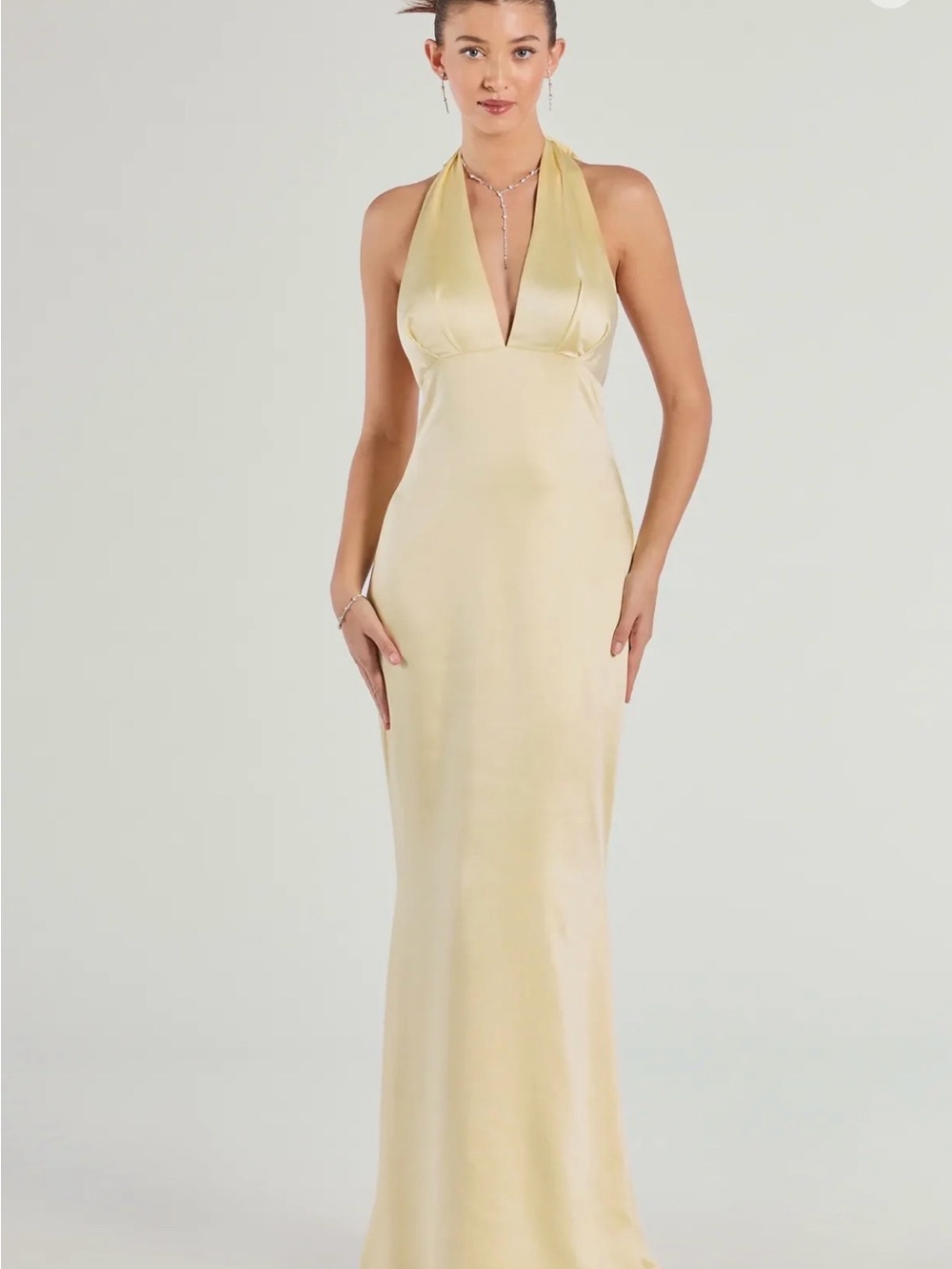 Fashion Nova One-Shoulder Satin Gown in Pale Yellow